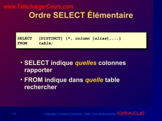1-4 Copyright © Oracle Corporation, 1998. Tous droits réservés.
Ordre SELECT Élémentaire
SELECT [DISTINCT] {*, column [alias],...}
FROM table;
SELECT [DISTINCT] {*, column [alias],...}
FROM table;
• SELECT indique quelles colonnes
rapporter
• FROM indique dans quelle table
rechercher
www.TelechargerCours.com
 