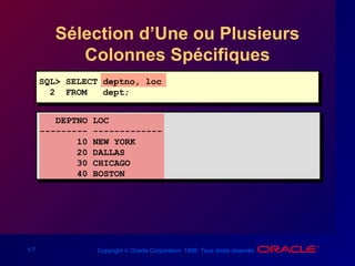 1-7 Copyright © Oracle Corporation, 1998. Tous droits réservés.
Sélection d’Une ou Plusieurs
Colonnes Spécifiques
DEPTNO LOC
--------- -------------
10 NEW YORK
20 DALLAS
30 CHICAGO
40 BOSTON
SQL> SELECT deptno, loc
2 FROM dept;
 
