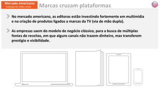 12
Mercado Americano
Evolução da mídia revista
No mercado americano, as editoras estão investindo fortemente em multimídia
e na criação de produtos ligados a marcas da TV (via de mão dupla).
As empresas saem do modelo de negócio clássico, para a busca de múltiplas
fontes de receitas, em que alguns canais não trazem dinheiro, mas transferem
prestígio e visibilidade.
Marcas cruzam plataformas
 