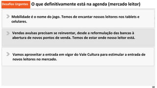 18
Vendas avulsas precisam se reinventar, desde a reformulação das bancas à
abertura de novos pontos de venda. Temos de estar onde nosso leitor está.
Mobilidade é o nome do jogo. Temos de encantar nossos leitores nos tablets e
celulares.
Vamos aproveitar a entrada em vigor do Vale Cultura para estimular a entrada de
novos leitores no mercado.
Desafios Urgentes O que definitivamente está na agenda (mercado leitor)
 