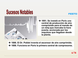  1886. El Dr. Poblet inventa el ascensor de aire comprimido.
 1888. Funciona en París la primera central de compresores.
 1881. Se instaló en París una
central de producción de aire
comprimido para el mando de
un reloj que marcaba la hora
exacta, accionada por los
impulsos que llegaban desde
la planta.
6/78
 