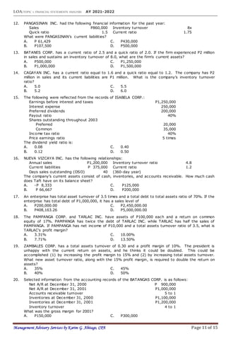 LOA:TOPIC 1: FINANCIAL STATEMENTS ANALYSIS AY 2021-2022
Management Advisory Services by Karim G. Abitago, CPA Page 11 of 15
12. PANGASINAN INC. had the following financial information for the past year:
Sales P860,000 Inventory turnover 8x
Quick ratio 1.5 Current ratio 1.75
What were PANGASINAN’s current liabilities?
A. P 61,429 C. P430,000
B. P107,500 D. P500,000
13. BATANES CORP. has a current ratio of 2.5 and a quick ratio of 2.0. If the firm experienced P2 million
in sales and sustains an inventory turnover of 8.0, what are the firm's current assets?
A. P500,000 C. P1,250,000
B. P1,000,000 D. P1,500,000
14. CAGAYAN INC. has a current ratio equal to 1.6 and a quick ratio equal to 1.2. The company has P2
million in sales and its current liabilities are P1 million. What is the company’s inventory turnover
ratio?
A. 5.0 C. 5.5
B. 5.2 D. 6.0
15. The following were reflected from the records of ISABELA CORP.:
Earnings before interest and taxes P1,250,000
Interest expense 250,000
Preferred dividends 200,000
Payout ratio 40%
Shares outstanding throughout 2003
Preferred 20,000
Common 35,000
Income tax ratio 40%
Price earnings ratio 5 times
The dividend yield ratio is:
A. 0.08 C. 0.40
B. 0.12 D. 0.50
16. NUEVA VIZCAYA INC. has the following relationships:
Annual sales P1,200,000 Inventory turnover ratio 4.8
Current liabilities P 375,000 Current ratio 1.2
Days sales outstanding (DSO) 40 (360-day year)
The company’s current assets consist of cash, inventories, and accounts receivable. How much cash
does Taft have on its balance sheet?
A. -P 8,333 C. P125,000
B. P 66,667 D. P200,000
17. An enterprise has total asset turnover of 3.5 times and a total debt to total assets ratio of 70%. If the
enterprise has total debt of P1,000,000, it has a sales level of
A. P200,000.00 C. P2,450,000.00
B. P408,163.26 D. P5,000,000.00
18. The PAMPANGA CORP. and TARLAC INC. have assets of P100,000 each and a return on common
equity of 17%. PAMPANGA has twice the debt of TARLAC INC. while TARLAC has half the sales of
PAMPANGA. If PAMPANGA has net income of P10,000 and a total assets turnover ratio of 3.5, what is
TARLAC's profit margin?
A. 3.31% C. 10.00%
B. 7.71% D. 13.50%
19. ZAMBALES CORP. has a total assets turnover of 0.30 and a profit margin of 10%. The president is
unhappy with the current return on assets, and he thinks it could be doubled. This could be
accomplished (1) by increasing the profit margin to 15% and (2) by increasing total assets turnover.
What new asset turnover ratio, along with the 15% profit margin, is required to double the return on
assets?
A. 35% C. 45%
B. 40% D. 50%
20. Selected information from the accounting records of the BATANGAS CORP. is as follows:
Net A/R at December 31, 2000 P 900,000
Net A/R at December 31, 2001 P1,000,000
Accounts receivable turnover 5 to 1
Inventories at December 31, 2000 P1,100,000
Inventories at December 31, 2001 P1,200,000
Inventory turnover 4 to 1
What was the gross margin for 2001?
A. P150,000 C. P300,000
 