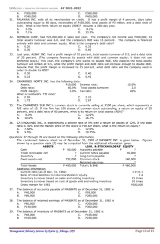 LOA:TOPIC 1: FINANCIAL STATEMENTS ANALYSIS AY 2021-2022
Management Advisory Services by Karim G. Abitago, CPA Page 13 of 15
A. P300,000 C. P360,000
B. P340,000 D. P400,000
31. PALAWAN INC. sells all its merchandise on credit. It has a profit margin of 4 percent, days sales
outstanding equal to 60 days, receivables of P150,000, total assets of P3 million, and a debt ratio of
0.64. What is the firm’s return on equity (ROE)? Assume a 360-day year.
A. 3.3% C. 8.1%
B. 7.1% D. 33.3%
32. ROMBLON CORP. had P24,000,000 in sales last year. The company’s net income was P400,000, its
total assets turnover was 6.0, and the company’s ROE was 15 percent. The company is financed
entirely with debt and common equity. What is the company’s debt ratio?
A. 0.20 C. 0.33
B. 0.30 D. 0.60
33. Last year, ALBAY INC. had a profit margin of 10 percent, total assets turnover of 0.5, and a debt ratio
of 20 percent. (The company finances its assets with debt and common equity; it does not use
preferred stock.) This year, the company’s CFO wants to double ROE. She expects the total assets
turnover will remain at 0.5, while the profit margin and debt ratio will increase enough to double ROE.
Assume that the profit margin is increased to 15 percent, what debt ratio will the company need in
order to double its ROE?
A. 0.30 C. 0.40
B. 0.33 D. 0.45
34. CAMARINES NORTE INC. has the following data:
Assets: P10,000 Interest rate: 10.0%
Debt ratio: 60.0% Total assets turnover: 2.0
Profit margin: 3.0% Tax rate: 40%
What is Lombardi’s TIE ratio?
A. 0.95 C. 2.10
B. 1.75 D. 2.67
35. The CAMARINES SUR INC.’s common stock is currently selling at P100 per share, which represents a
P/E ratio of 10. If the firm has 100 shares of common stock outstanding, a return on equity of 20
percent, and a debt ratio of 60 percent, what is its return on total assets (ROA)?
A. 8.0% C. 12.0%
B. 10.0% D. 16.7%
36. CATANDUANES INC. is experiencing a growth rate of 9% with a return on assets of 12%. If the debt
ratio is 36% and the market price of the stock is P38 per share, what is the return on equity?
A. 7.68% C. 12.0%
B. 9.0% D. 18.75%
Questions 37 through 39 are based on the following information.
The condensed balance sheet as of December 31, 1982 of MASBATE INC. is given below. Figures
shown by a question mark (?) may be computed from the additional information given:
ASSETS LIAB. & STOCKHOLDERS’ EQUITY
Cash P 60,000 Accounts payable P ?
Trade receivable-net ? Current notes payable 40,000
Inventory ? Long-term payable ?
Fixed assets-net 252,000 Common stock 140,000
Retained earnings ?
Total Assets P 480,000 Total L & SHE P 480,000
Additional information:
Current ratio (as of Dec. 31, 1982) 1.9 to 1
Ratio of total liabilities to total stockholders’ equity 1.4
Inventory turnover based on sales and ending inventory 15 times
Inventory turnover based on cost of goods sold and ending inventory 10 times
Gross margin for 1982 P500,000
37. The balance of accounts payable of MASBATE as of December 31, 1982 is
A. P40,000 C. P95,000
B. P80,000 D. P280,000
38. The balance of retained earnings of MASBATE as of December 31, 1982 is
A. P60,000 C. P200,000
B. P140,000 D. P360,000
39. The balance of inventory of MASBATE as of December 31, 1982 is
A. P68,000 C. P168,000
B. P100,000 D. P228,000
 
