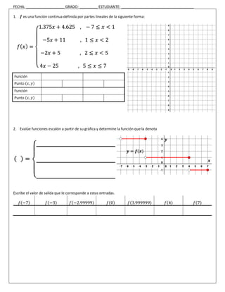 FECHA: ___________________ GRADO: _________ ESTUDIANTE: ____________________________________
1. 𝒇 es una función continua definida por partes lineales de la siguiente forma:
2. Evalúe funciones escalón a partir de su gráfica y determine la función que la denota
Escribe el valor de salida que le corresponde a estas entradas.
𝑓(−7) 𝑓(−3) 𝑓(−2.99999) 𝑓(0) 𝑓(3.999999) 𝑓(4) 𝑓(7)
𝑓( 𝑥) =
‫ە‬
ۖۖ
‫۔‬
ۖۖ
‫ۓ‬
1.375𝑥 + 4.625 , − 7 ≤ 𝑥 < 1
−5𝑥 + 11 , 1 ≤ 𝑥 < 2
−2𝑥 + 5 , 2 ≤ 𝑥 < 5
4𝑥 − 25 , 5 ≤ 𝑥 ≤ 7
Función
Punto (𝑥, 𝑦)
Función
Punto (𝑥, 𝑦)
( 𝑥) =
‫ە‬
ۖ
‫۔‬
ۖ
‫ۓ‬
𝒙
𝒚
𝒚 = 𝒇(𝒙)
 