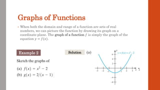 Graphs of Functions
• When both the domain and range of a function are sets of real
numbers, we can picture the function by drawing its graph on a
coordinate plane. The graph of a function 𝑓 is simply the graph of the
equation 𝑦 = 𝑓(𝑥).
Example 2 Solution
 