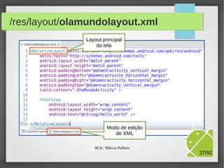/res/layout/olamundolayout.xml
Layout principal
da tela

Modo de edição
de XML

M.Sc. Márcio Palheta

27/94

 