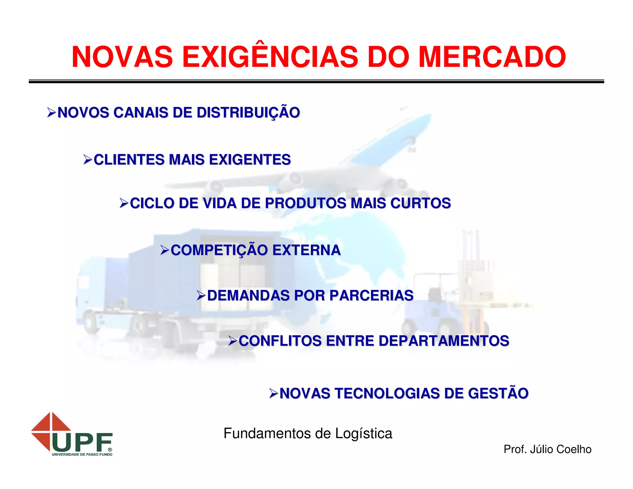 NOVAS EXIGÊNCIAS DO MERCADO
NOVOS CANAIS DE DISTRIBUIÇÃO
CLIENTES MAIS EXIGENTES
CICLO DE VIDA DE PRODUTOS MAIS CURTOS
COMPETIÇÃO EXTERNA
DEMANDAS POR PARCERIAS
CONFLITOS ENTRE DEPARTAMENTOS
NOVAS TECNOLOGIAS DE GESTÃO
Fundamentos de Logística
Prof. Júlio Coelho

 