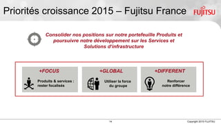 14 Copyright 2015 FUJITSU
Priorités croissance 2015 – Fujitsu France
Consolider nos positions sur notre portefeuille Produits et
poursuivre notre développement sur les Services et
Solutions d‘infrastructure
Renforcer
notre différence
Utiliser la force
du groupe
Produits & services :
rester focalisés
+FOCUS +GLOBAL +DIFFERENT
 