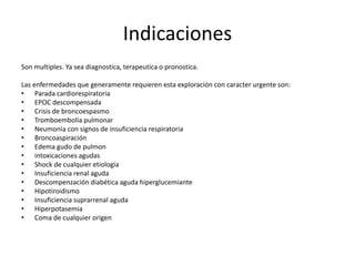 Indicaciones
Son multiples. Ya sea diagnostica, terapeutica o pronostica.
Las enfermedades que generamente requieren esta exploración con caracter urgente son:
• Parada cardiorespiratoria
• EPOC descompensada
• Crisis de broncoespasmo
• Tromboembolia pulmonar
• Neumonia con signos de insuficiencia respiratoria
• Broncoaspiración
• Edema gudo de pulmon
• intoxicaciones agudas
• Shock de cualquier etiologia
• Insuficiencia renal aguda
• Descompenzación diabética aguda hiperglucemiante
• Hipotiroidismo
• Insuficiencia suprarrenal aguda
• Hiperpotasemia
• Coma de cualquier origen
 
