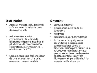 Disminución
• Acidosis metabolicas, descenso
suficientemente intenso para
disminuir el pH.
• Acidemia metabolica
compensada, descenso de
bicarbonato que no modifica el
pH debido a la compensación
respiratoria, incrementando la
eliminación de CO2.
• Como mecanismo compensador
de una alcalosis respiratoria,
aunque en menor medida.
Sintomas:
• Confusión mental
• Disminución del estado de
conciencia
• Arritmias
• Insuficiencia cardiocirculatoria
• Otros sintomas y signos son
secundarios a mecanismos
compensadores como la
hiperventilación para disminuir la
PaCO2, y la hiperpotasemia, al
producirse un intercambio entre
el potasio intracelular y los
hidrogeniones para disminuir la
concentración de estos.
 