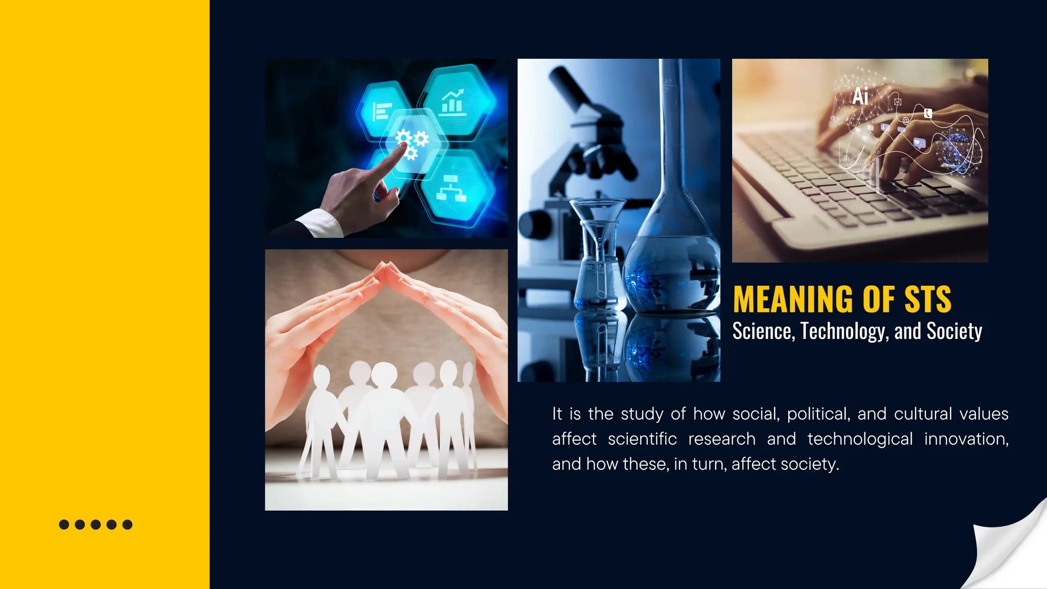 MEANING OF STS
It is the study of how social, political, and cultural values
affect scientific research and technological innovation,
and how these, in turn, affect society.
Science, Technology, and Society
 