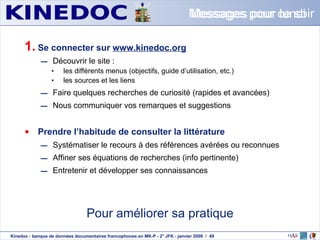 Se connecter sur  www.kinedoc.org Découvrir le site : les différents menus (objectifs, guide d’utilisation, etc.) les sources et les liens Faire quelques recherches de curiosité (rapides et avancées) Nous communiquer vos remarques et suggestions Prendre l’habitude de consulter la littérature Systématiser le recours à des références avérées ou reconnues Affiner ses équations de recherches (info pertinente) Entretenir et développer ses connaissances Messages pour lundi Messages pour ce soir Pour améliorer sa pratique 