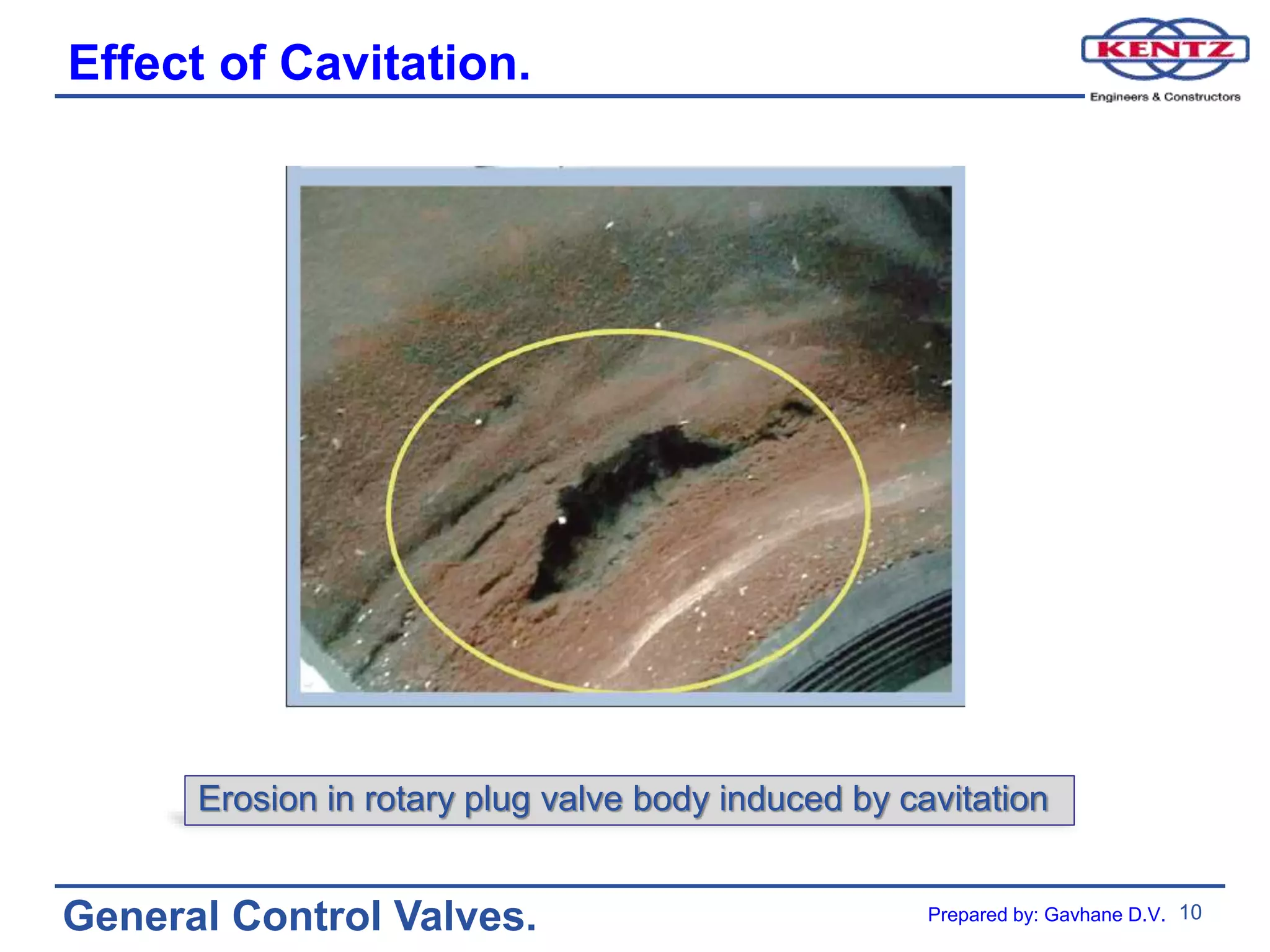 10
General Control Valves.
Effect of Cavitation.
Erosion in rotary plug valve body induced by cavitation
Prepared by: Gavhane D.V.
 
