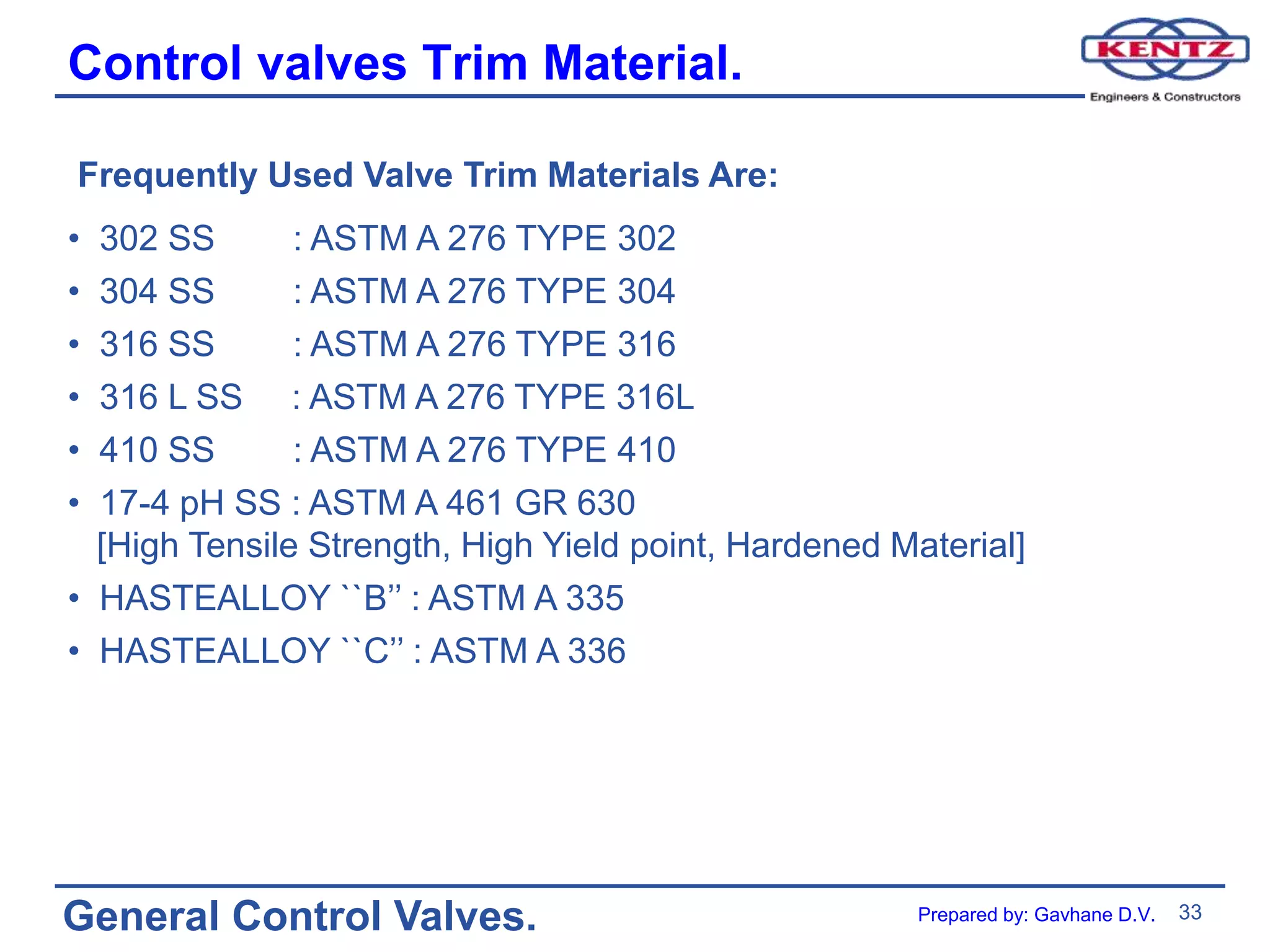33
General Control Valves.
Control valves Trim Material.
Frequently Used Valve Trim Materials Are:
• 302 SS : ASTM A 276 TYPE 302
• 304 SS : ASTM A 276 TYPE 304
• 316 SS : ASTM A 276 TYPE 316
• 316 L SS : ASTM A 276 TYPE 316L
• 410 SS : ASTM A 276 TYPE 410
• 17-4 pH SS : ASTM A 461 GR 630
[High Tensile Strength, High Yield point, Hardened Material]
• HASTEALLOY ``B’’ : ASTM A 335
• HASTEALLOY ``C’’ : ASTM A 336
Prepared by: Gavhane D.V.
 