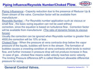 Piping Influence/Reynolds Number/Choked Flow.

Piping Influenence:- Capacity reduction due to the presence of Reducer Up &
Down stream of the valve. Correction factor will be available from
manufacturer .
Reynolds Number :- For Reynolds number application such as viscous or
small flow , the basic sizing equation can not be used without
correction, since the equation is based on turbulence flow . Correction factor
will be available from manufacturer .(The ratio of dynamic forces to viscous
forces)
Usually the correction can be ignored when Reynolds number is greater than
4000,the correction will be 10% or less .
Choked Flow:- When the pressure at vena contracta drop below the vapor
pressure of the liquids, bubbles will form in the stream .The formation of
bubbles causes a crowding condition at vena contracta which tends to restrict
flow, and further increase in pressure drop will not produce increase in flow.
 In case of gas , choked flow means outlet velocity reaches sonic velocity.
The limiting Pressure difference ΔPt is called Maximum allowable differential
pressure for sizing.

  General Control Valves.                                Prepared by: Gavhane D.V.   14
 