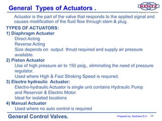 General Types of Actuators .
    Actuator is the part of the valve that responds to the applied signal and
    causes modification of the fluid flow through stem & plug.
TYPES OF ACTUATORS:
1) Diaphragm Actuator
    Direct Acting
    Reverse Acting
    Size depends on output thrust required and supply air pressure
    available.
2) Piston Actuator
    Use of high pressure air to 150 psig., eliminating the need of pressure
    regulator.
    Used where High & Fast Stroking Speed is required.
3) Electro hydraulic Actuator:
    Electro-hydraulic Actuator is single unit contains Hydraulic Pump
    and Reservoir & Electric Motor.
    Ideal for isolated locations
4) Manual Actuator
    Used where no auto control is required
General Control Valves.                                  Prepared by: Gavhane D.V.   25
 