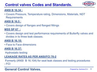 Control valves Codes and Standards.
ANSI B 16.34 :
• Covers Pressure, Temperature rating, Dimensions, Materials, NDT
  Requirements
ANSI B 16.5 :
• Covers design of flanges and flanged fittings
MSS SP 67 :
• Covers design and test performance requirements of Butterfly valves and
  divides in to three leak classes.
ANSI B 16.10:
• Face to Face dimensions
ANSI B 16.37:
 Hydrostatic testing
LEAKAGE RATES AS PER ANSI/FCI 70-2
 Formerly (ANSI B 16.104) for seat leak classes and testing procedures
- FCI

General Control Valves.                               Prepared by: Gavhane D.V.   34
 