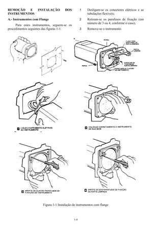 1-4
REMOÇÃO E INSTALAÇÃO DOS
INSTRUMENTOS
A.- Instrumentos com Flange
Para estes instrumentos, seguem-se os
procedimentos seguintes das figuras 1-1.
1 Desligam-se os conectores elétricos e as
tubulações flexíveis;
2 Retiram-se os parafusos de fixação (em
número de 3 ou 4, conforme o caso);
3 Remove-se o instrumento
Figura 1-1 Instalação de instrumentos com flange
 