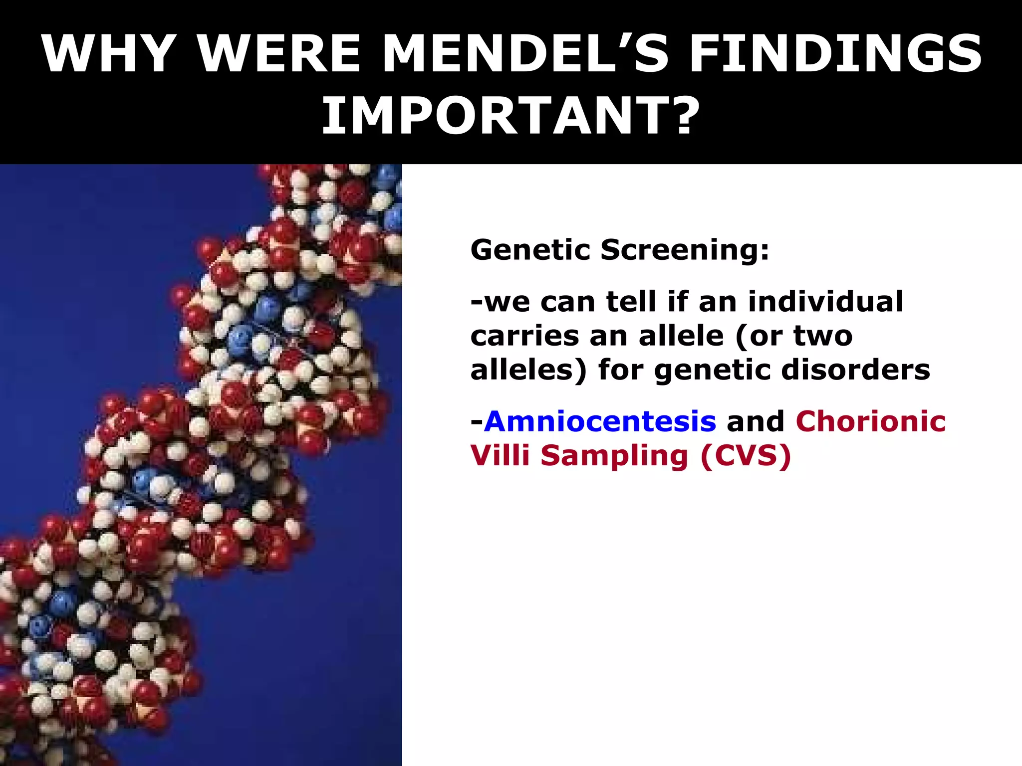 WHY WERE MENDEL’S FINDINGS IMPORTANT? Genetic Screening: -we can tell if an individual carries an allele (or two alleles) for genetic disorders - Amniocentesis  and  Chorionic Villi Sampling (CVS) 