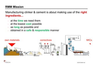 © 2014 Holcim Ltd
RMM Mission
Manufacturing clinker & cement is about making use of the right
ingredients...
at the time we need them
at the lowest cost possible
as long as possible and
obtained in a safe & responsible manner
own materials correctives MICs
 