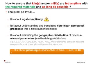 © 2014 Holcim Ltd
• That’s not so trivial....
It’s about legal compliancy
It’s about understanding and translating non-linear, geological
processes into a finite numerical model
It’s about estimating the geographic distribution of process-
relevant parameters (multivariate geostatistics)
e.g. LS, AR, SR, CaO, SiO2
, Fe2
O3
, Al2
O3
, minor elements, emission-relevant
components, rock types, physical properties, costs, etc.
How to ensure that kiln(s) and/or mill(s) are fed anytime with
the required materials and as long as possible ?
→ It’s about planning in space AND in time..... Yes, in 4D
!
 