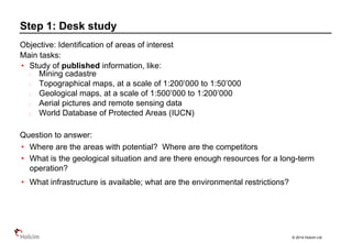 © 2014 Holcim Ltd
Objective: Identification of areas of interest
Main tasks:
• Study of published information, like:
Mining cadastre
Topographical maps, at a scale of 1:200’000 to 1:50’000
Geological maps, at a scale of 1:500’000 to 1:200’000
Aerial pictures and remote sensing data
World Database of Protected Areas (IUCN)
Question to answer:
• Where are the areas with potential? Where are the competitors
• What is the geological situation and are there enough resources for a long-term
operation?
• What infrastructure is available; what are the environmental restrictions?
Step 1: Desk study
 
