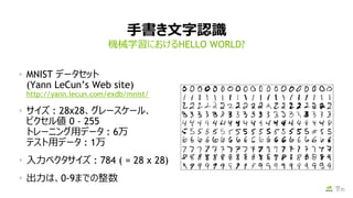 手書き文字認識
MNIST データセット
(Yann LeCun’s Web site)
http://yann.lecun.com/exdb/mnist/
サイズ : 28x28、グレースケール、
ピクセル値 0 - 255
トレーニング用データ : 6万
テスト用データ : 1万
入力ベクタサイズ : 784 ( = 28 x 28)
出力は、0-9までの整数
機械学習におけるHELLO WORLD?
4/18/2
 