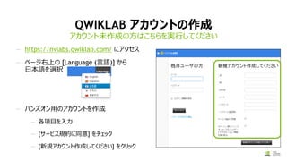 QWIKLAB アカウントの作成
— https://nvlabs.qwiklab.com/ にアクセス
— ページ右上の [Language (言語)] から
日本語を選択
— ハンズオン用のアカウントを作成
— 各項目を入力
— [サービス規約に同意] をチェック
— [新規アカウント作成してください] をクリック
アカウント未作成の方はこちらを実行してください
 