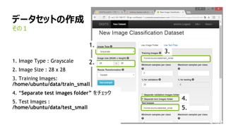 データセットの作成
1. Image Type : Grayscale
2. Image Size : 28 x 28
3. Training Images:
/home/ubuntu/data/train_small
4. “Separate test images folder” をチェック
5. Test Images :
/home/ubuntu/data/test_small
その１
4/18/2
1.
2.
3.
4.
5.
 