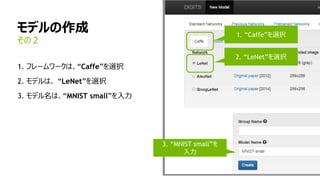 モデルの作成
1. フレームワークは、“Caffe”を選択
2. モデルは、 “LeNet”を選択
3. モデル名は、“MNIST small”を入力
その２
4/18/2
1. “Caffe”を選択
2. “LeNet”を選択
3. “MNIST small”を
入力
 