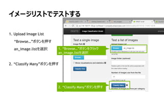 イメージリストでテストする
1. Upload Image List
“Browse…”ボタンを押す
an_image.listを選択
2. “Classify Many”ボタンを押す
1. “Browse…”ボタンをクリック
an_image.listを選択
2. “Classify Many”ボタンを押す
 