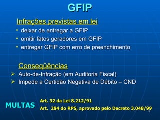 GFIP Infrações previstas em lei   deixar de entregar a GFIP omitir fatos geradores em GFIP entregar GFIP com erro de preenchimento Conseqüências Auto-de-Infração (em Auditoria Fiscal) Impede a Certidão Negativa de Débito – CND MULTAS Art. 32 da Lei 8.212/91 Art.  284 do RPS, aprovado pelo Decreto 3.048/99 