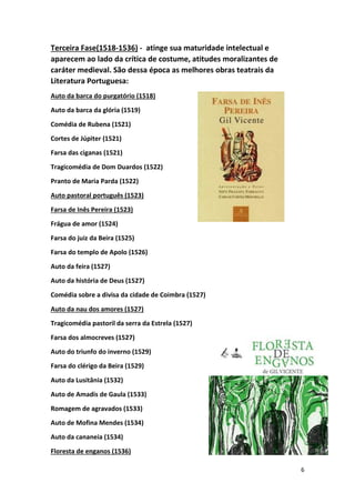 6
Terceira Fase(1518-1536) - atinge sua maturidade intelectual e
aparecem ao lado da crítica de costume, atitudes moralizantes de
caráter medieval. São dessa época as melhores obras teatrais da
Literatura Portuguesa:
Auto da barca do purgatório (1518)
Auto da barca da glória (1519)
Comédia de Rubena (1521)
Cortes de Júpiter (1521)
Farsa das ciganas (1521)
Tragicomédia de Dom Duardos (1522)
Pranto de Maria Parda (1522)
Auto pastoral português (1523)
Farsa de Inês Pereira (1523)
Frágua de amor (1524)
Farsa do juiz da Beira (1525)
Farsa do templo de Apolo (1526)
Auto da feira (1527)
Auto da história de Deus (1527)
Comédia sobre a divisa da cidade de Coimbra (1527)
Auto da nau dos amores (1527)
Tragicomédia pastoril da serra da Estrela (1527)
Farsa dos almocreves (1527)
Auto do triunfo do inverno (1529)
Farsa do clérigo da Beira (1529)
Auto da Lusitânia (1532)
Auto de Amadis de Gaula (1533)
Romagem de agravados (1533)
Auto de Mofina Mendes (1534)
Auto da cananeia (1534)
Floresta de enganos (1536)
 