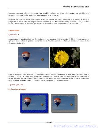 UNIDAD 1 CONOCIENDO GIMP


cambio, hacemos clic en Descartar los cambios salimos de Gimp sin guardar los cambios que
hayamos realizado en las imágenes mostradas en esta ventana.

Después de realizar estas operaciones Gimp se cierra de forma correcta y al volver a abrir el
programa se nos mostrarán las principales ventanas (Caja de herramientas y ventana Capas, Canales,
Rutas, Deshacer) en el mismo lugar en el que estaban cuando hemos cerrado el programa.


Ejercicios Unidad 1

Ejercicio 1.1

A continuación puedes observar dos imágenes, que puedes obtener desde el CD del curso, para que
apliques sobre ellas el proceso descrito en la Práctica guiada 1. Pon un marco adecuado a las
siguientes imágenes.




Para obtenerlas debes acceder al CD del curso y una vez localizadas en el apartado Ejercicios 1 de la
Unidad 1. hacer clic sobre ellas y después, en la ventana que se abre, de nuevo haces clic pero con el
botón derecho del ratón sobre la imagen, en las opciones que aparecen en la Ventana emergente
elige Guardar imagen como... . Guarda las imágenes en la carpeta UNIDAD1.

Algunos ejemplos

De la primera imagen




                                              Página 31

                                                          Material formativo subido a scribd.com por autodidactas.org
 