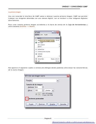 UNIDAD 1 CONOCIENDO GIMP

La primera imagen

Una vez conocida la interface de GIMP vamos a obtener nuestra primera imagen. GIMP nos permite
trabajar con imágenes obtenidas con una cámara digital, con un escáner o crear imágenes digitales
directamente.

Para crear nuestra primera imagen accedemos a la barra de menús de la Caja de herramientas y
seleccionamos Archivo --> Nuevo.




Nos aparece el siguiente cuadro o ventana de diálogos donde podemos seleccionar las características
de la nueva imagen:




                                             Página 8

                                                        Material formativo subido a scribd.com por autodidactas.org
 