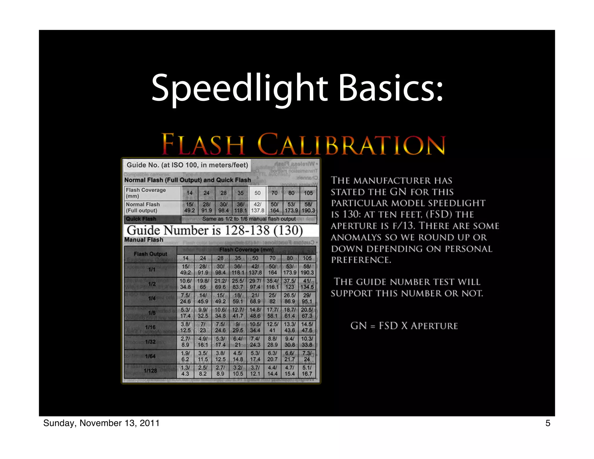 Speedlight Basics:
                                    Guide Number




                                       Michael E. Stern
                              Photographer Educator Radio Host Author
                                           818-422-0696

                            Build A Better Photograph Dot Com


Sunday, November 13, 2011                                               5
 