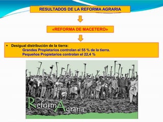 RESULTADOS DE LA REFORMA AGRARIA
«REFORMA DE MACETERO»
 Desigual distribución de la tierra:
Grandes Propietarios controlan el 55 % de la tierra.
Pequeños Propietarios controlan el 22,4 %
 