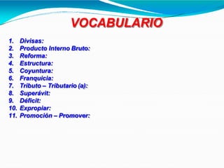 VOCABULARIO
1. Divisas:
2. Producto Interno Bruto:
3. Reforma:
4. Estructura:
5. Coyuntura:
6. Franquicia:
7. Tributo – Tributario (a):
8. Superávit:
9. Déficit:
10. Expropiar:
11. Promoción – Promover:
 