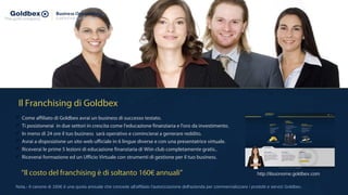  Come affiliato di Goldbex avrai un business di successo testato.
 Ti posizionerai in due settori in crescita come l'educazione finanziaria e l'oro da investimento.
 In meno di 24 ore il tuo business sarà operativo e comincierai a generare reddito.
 Avrai a disposizione un sito web ufficiale in 6 lingue diverse e con una presentatrice virtuale.
 Riceverai le prime 5 lezioni di educazione finanziaria di Wiin club completamente gratis..
 Riceverai formazione ed un Ufficio Virtuale con strumenti di gestione per il tuo business.
Il Franchising di Goldbex
“Il costo del franchising è di soltanto 160€ annuali”
Nota.- Il canone di 160€ è una quota annuale che concede all'affiliato l'autorizzazione dell'azienda per commercializzare i prodotti e servizi Goldbex..
http://ilsuonome.goldbex.com
 