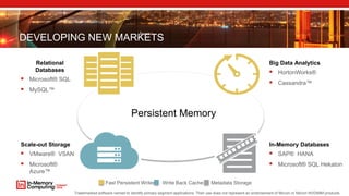 DEVELOPING NEW MARKETS
Fast Persistent Writes Metadata StorageWrite Back Cache
Scale-out Storage
 VMware® VSAN
 Microsoft®
Azure™
Big Data Analytics
 HortonWorks®
 Cassandra™
In-Memory Databases
 SAP® HANA
 Microsoft® SQL Hekaton
Persistent Memory
Relational
Databases
 Microsoft® SQL
 MySQL™
Trademarked software named to identify primary segment applications. Their use does not represent an endorsement of Micron or Micron NVDIMM products.
 