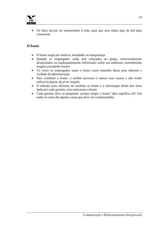 Comunicação e Relacionamento Interpessoal
10
Os fatos devem ser transmitidos à rede, para que essa tenha algo de útil para
comunicar
O boato
O boato surge por malícia, ansiedade ou insegurança
Quando os empregados estão mal colocados no grupo, emocionalmente
desajustados ou inadequadamente informados sobre seu ambiente, normalmente
reagem circulando boatos
As vezes os empregados usam o boato como manobra tática para obterem a
verdade da administração
Para combater o boato, o melhor processo é atacar suas causas e não tentar
sufoca-lo depois de já ter surgido
O método mais eficiente de combate ao boato é a informação direta dos fatos
dada por cada gerente, sem mencionar o boato
Cada gerente deve se perguntar: porque surgiu o boato? Que significa ele? Em
todos os casos há alguma causa que deve ser compreendida.
 