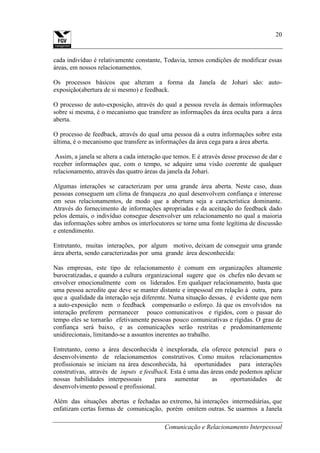 Comunicação e Relacionamento Interpessoal
20
cada indivíduo é relativamente constante, Todavia, temos condições de modificar essas
áreas, em nossos relacionamentos.
Os processos básicos que alteram a forma da Janela de Johari são: auto-
exposição(abertura de si mesmo) e feedback.
O processo de auto-exposição, através do qual a pessoa revela às demais informações
sobre si mesma, é o mecanismo que transfere as informações da área oculta para a área
aberta.
O processo de feedback, através do qual uma pessoa dá a outra informações sobre esta
última, é o mecanismo que transfere as informações da área cega para a área aberta.
Assim, a janela se altera a cada interação que temos. E é através desse processo de dar e
receber informações que, com o tempo, se adquire uma visão coerente de qualquer
relacionamento, através das quatro áreas da janela da Johari.
Algumas interações se caracterizam por uma grande área aberta. Neste caso, duas
pessoas conseguem um clima de franqueza ,no qual desenvolvem confiança e interesse
em seus relacionamentos, de modo que a abertura seja a característica dominante.
Através do fornecimento de informações apropriadas e da aceitação do feedback dado
pelos demais, o indivíduo consegue desenvolver um relacionamento no qual a maioria
das informações sobre ambos os interlocutores se torne uma fonte legítima de discussão
e entendimento.
Entretanto, muitas interações, por algum motivo, deixam de conseguir uma grande
área aberta, sendo caracterizadas por uma grande área desconhecida:
Nas empresas, este tipo de relacionamento é comum em organizações altamente
burocratizadas, e quando a cultura organizacional sugere que os chefes não devam se
envolver emocionalmente com os liderados. Em qualquer relacionamento, basta que
uma pessoa acredite que deve se manter distante e impessoal em relação à outra, para
que a qualidade da interação seja diferente. Numa situação dessas, é evidente que nem
a auto-exposição nem o feedback compensarão o esforço. Já que os envolvidos na
interação preferem permanecer pouco comunicativos e rígidos, com o passar do
tempo eles se tornarão efetivamente pessoas pouco comunicativas e rígidas. O grau de
confiança será baixo, e as comunicações serão restritas e predominantemente
unidirecionais, limitando-se a assuntos inerentes ao trabalho.
Entretanto, como a área desconhecida é inexplorada, ela oferece potencial para o
desenvolvimento de relacionamentos construtivos. Como muitos relacionamentos
profissionais se iniciam na área desconhecida, há oportunidades para interações
construtivas, através de inputs e feedback. Esta é uma das áreas onde podemos aplicar
nossas habilidades interpessoais para aumentar as oportunidades de
desenvolvimento pessoal e profissional.
Além das situações abertas e fechadas ao extremo, há interações intermediárias, que
enfatizam certas formas de comunicação, porém omitem outras. Se usarmos a Janela
 