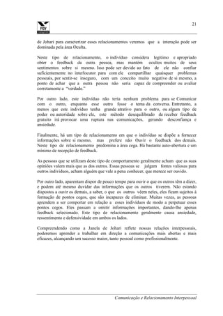 Comunicação e Relacionamento Interpessoal
21
de Johari para caracterizar esses relacionamentos veremos que a interação pode ser
dominada pela área Oculta.
Neste tipo de relacionamento, o indivíduo considera legítimo e apropriado
obter o feedback da outra pessoa, mas mantém ocultos muitos de seus
sentimentos sobre si mesmo. Isso pode ser devido ao fato de ele não confiar
suficientemente no interlocutor para com ele compartilhar quaisquer problemas
pessoais, por sentir-se inseguro, com um conceito muito negativo de si mesmo, a
ponto de achar que a outra pessoa não seria capaz de compreender ou avaliar
corretamente a “verdade.”
Por outro lado, este indivíduo não teria nenhum problema para se Comunicar
com o outro, enquanto esse outro fosse o tema da conversa. Entretanto, a
menos que este indivíduo tenha grande atrativo para o outro, ou algum tipo de
poder ou autoridade sobre ele, este método desequilibrado de receber feedback
gratuito irá provocar uma ruptura nas comunicações, gerando desconfiança e
ansiedade.
Finalmente, há um tipo de relacionamento em que o indivíduo se dispõe a fornecer
informações sobre si mesmo, mas prefere não Ouvir o feedback dos demais.
Neste tipo de relacionamento predomina a área cega. Há bastante auto-abertura e um
mínimo de recepção de feedback.
As pessoas que se utilizam deste tipo de comportamento geralmente acham que as suas
opiniões valem mais que as dos outros. Essas pessoas se julgam fontes valiosas para
outros indivíduos, acham alguém que vale a pena conhecer, que merece ser ouvido.
Por outro lado, aparentam dispor de pouco tempo para ouvir o que os outros têm a dizer,
e podem até mesmo duvidar das informações que os outros tiverem. Não estando
dispostos a ouvir os demais, a saber, o que os outros vêem neles, eles ficam sujeitos à
formação de pontos cegos, que são incapazes de eliminar. Muitas vezes, as pessoas
aprendem a ser comportar em relação a esses indivíduos de modo a perpetuar esses
pontos cegos. Eles passam a omitir informações importantes, dando-lhe apenas
feedback selecionado. Este tipo de relacionamento geralmente causa ansiedade,
ressentimento e defensividade em ambos os lados.
Compreendendo como a Janela de Johari reflete nossas relações interpessoais,
poderemos aprender a trabalhar em direção a comunicações mais abertas e mais
eficazes, alcançando um sucesso maior, tanto pessoal como profissionalmente.
 