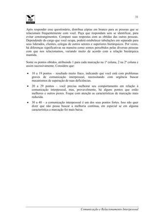 Comunicação e Relacionamento Interpessoal
31
Após responder esse questionário, distribua cópias em branco para as pessoas que se
relacionam frequentemente com você. Peça que respondam sem se identificar, para
evitar constrangimentos. Compare suas respostas com as obtidas das outras pessoas.
Dependendo do cargo que você ocupa, poderá estabelecer tabulações em separado para
seus liderados, clientes, colegas de outros setores e superiores hierárquicos. Por vezes,
há diferenças significativas na maneira como somos percebidos pelas diversas pessoas
com que nos relacionamos, variando muito de acordo com a relação hierárquica
mantida.
Some os pontos obtidos, atribuindo 1 para cada marcação na 1ª coluna, 2 na 2ª coluna e
assim sucessivamente. Considere que:
10 a 19 pontos – resultado muito fraco, indicando que você está com problemas
graves de comunicação interpessoal, necessitando com urgência buscar
mecanismos de superação de suas deficiências.
20 a 29 pontos – você precisa melhorar seu comportamento em relação à
comunicação interpessoal, mas, provavelmente, há alguns pontos que estão
melhores e outros piores. Foque com atenção as características de marcação mais
reduzida.
30 a 40 – a comunicação interpessoal é um dos seus pontos fortes. Isso não quer
dizer que não possa buscar a melhoria contínua, em especial se em alguma
característica a marcação foi mais baixa.
 
