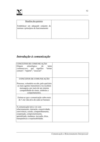Comunicação e Relacionamento Interpessoal
52
Desafios dos gestores
Estabelecer um adequado conjunto de
normas e princípios de funcionamento
Introdução à comunicação
CONCEITOS DE COMUNICAÇÃO
Origem etimológica: do latim
communicare, que significa “tornar
comum”, “repartir”, “associar”.
CONCEITOS DE COMUNICAÇÃO
Processo, voluntário ou não, pelo qual dois
ou mais agentes transmitem e/ou recebem
mensagens, por meio de um sistema
compartilhado de sinais, símbolos e
comportamentos.
Estima-se que a comunicação cubra mais
de ¾ da vida ativa de cada ser humano
A comunicação tem a ver com
relacionamento, interação, conectividade,
convivência, coesão, compartilhamento,
cooperação, comprometimento,
aprendizado, mudança, inovação, ética,
transparência e responsabilidade.
 