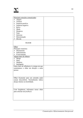 Comunicação e Relacionamento Interpessoal
64
Principais emoções comunicadas:
 Alegria
 Tristeza
 Surpresa positiva
 Surpresa negativa
 Raiva
 Medo
 Desprezo
 Nojo
 Interesse
 Determinação
 Dúvida
OLHAR
Olhar:
Principais maneiras:
 Diretamente
 Indiretamente
 Evasivamente
Alguns tipos de olhares:
 Meigo
 Duro
 Maldoso
 Inteligente
Outro fator de influência é o tempo em que
sustentamos o olhar em direção a outra
pessoa
Olhar fixamente para um estranho pode
causar desconforto. Normalmente indica
desejo intenso ou hostilidade.
Com freqüência, utilizamos nosso olhar
para solicitar um feedback.
 