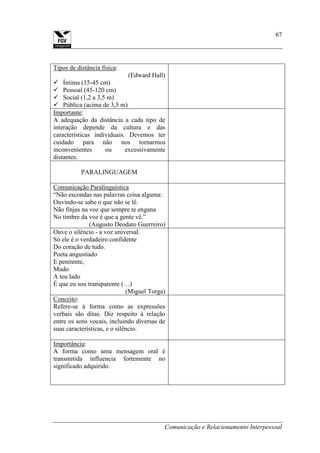 Comunicação e Relacionamento Interpessoal
67
Tipos de distância física:
(Edward Hall)
 Íntima (15-45 cm)
 Pessoal (45-120 cm)
 Social (1,2 a 3,5 m)
 Pública (acima de 3,5 m)
Importante:
A adequação da distância a cada tipo de
interação depende da cultura e das
características individuais. Devemos ter
cuidado para não nos tornarmos
inconvenientes ou excessivamente
distantes.
PARALINGUAGEM
Comunicação Paralinguística
“Não escondas nas palavras coisa alguma:
Ouvindo-se sabe o que não se lê.
Não finjas na voz que sempre te engana
No timbre da voz é que a gente vê.”
(Augusto Deodato Guerreiro)
Ouve o silêncio - a voz universal.
Só ele é o verdadeiro confidente
Do coração de tudo.
Poeta angustiado
E penitente,
Mudo
A teu lado
É que eu sou transparente (…)
(Miguel Torga)
Conceito:
Refere-se à forma como as expressões
verbais são ditas. Diz respeito à relação
entre os sons vocais, incluindo diversas de
suas características, e o silêncio.
Importância:
A forma como uma mensagem oral é
transmitida influencia fortemente no
significado adquirido.
 