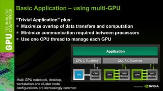Basic Application – using multi-GPU
“Trivial Application” plus:
  Maximize overlap of data transfers and computation
  Minimize communication required between processors
  Use one CPU thread to manage each GPU

                                                        Application

                                     CPU C Runtime            CUDA C Runtime



                                                CPU              GPU            GPU
                                         CPU            GPU              GPU
                                               Memory           Memory         Memory

Multi-GPU notebook, desktop,
workstation and cluster node
configurations are increasingly common
 