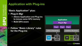 Application with Plug-ins

“Basic Application” plus:
  Plug-in Mgr
     Allows Application and Plug-ins
     to (re)use same GPU memory                      Application
     Multi-GPU aware                                     Plug-in Mgr

                                               Plug-in     Plug-in    Plug-in
  Follow “Basic Library” rules
  for the Plug-ins                     CPU C Runtime                 CUDA C Runtime



                                                 CPU                             GPU
                                       CPU                           GPU
                                                Memory                          Memory
 