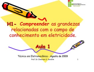 Prof. Dr. Emerson S. Serafim 1
H1-H1- Compreender as grandezas
relacionadas com o campo de
conhecimento em eletricidade.
Aula 1Aula 1
Técnico em Eletromecânica - AgostAgosto de 2009o de 2009
 